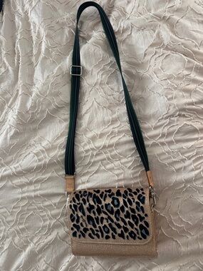Consuela Leopard Print Crossbody in Tan and Black with Green Strap